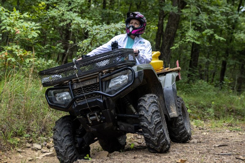 An ATV rider in a helmet rolls through the woods