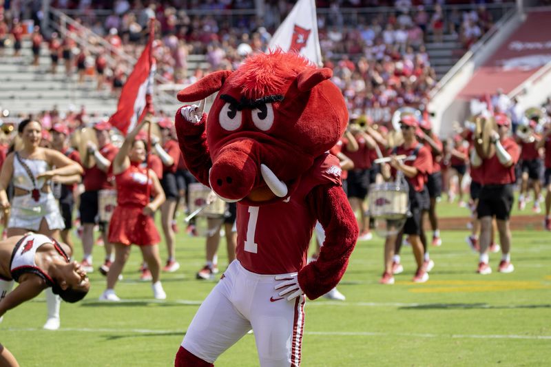 The Razorback mascot poses on the field with cheerleaders behind