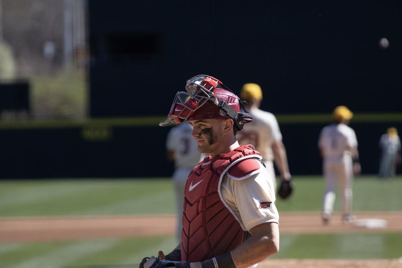 Razorback catcher in red gear between pitches